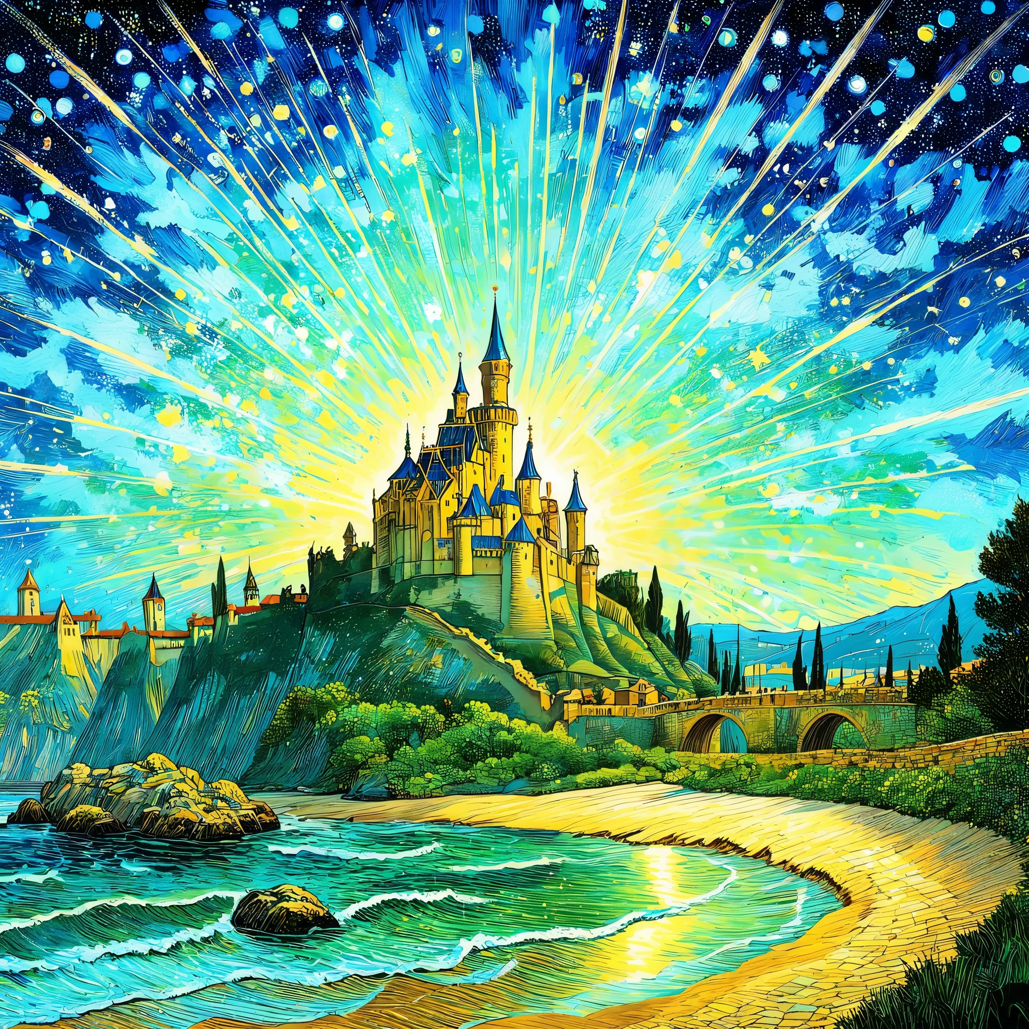 (Dream Castle、Meteor Showers),concept art, Draw a picture to show this beautiful tourist scenery, magic, masterpiece, Awarded for its beauty, Vibrant colors, Obvious pinch marks, 32k