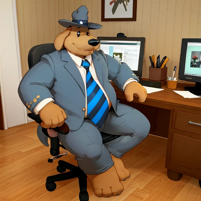 Solo male, sam, dog, tall, stocky body, slightly chubby, mature, floppy ears, black eyes, brown fur, blue grey suit and pants, blue grey hat, blue and black striped necktie, sitting in office chair