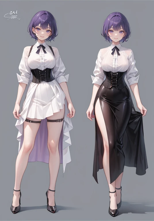 Purple hair,short cut hair,Adult female,Bartender,((Body harness)),((Rolling up your sleeves shirt)),(Corset),(Long skirt),(slit),High heels,((Simple background)),Smile,((Full body)),((whole body)),Character Sheet,