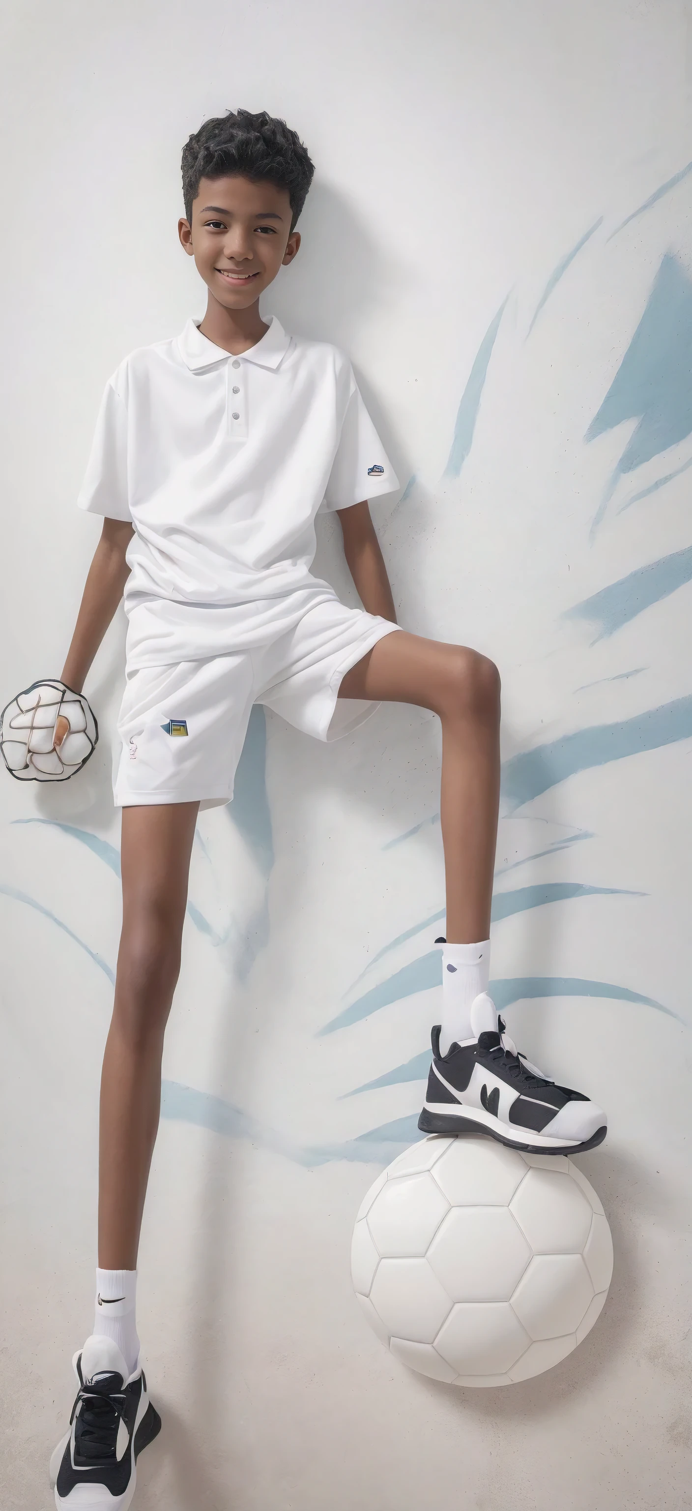  boy，（Wearing white tennis clothes，Wear white socks on your feet），Dark skin，Big round eyes，Very short hair，Tall and skinny，Toothy Smile，Sharpen details，Knee bending