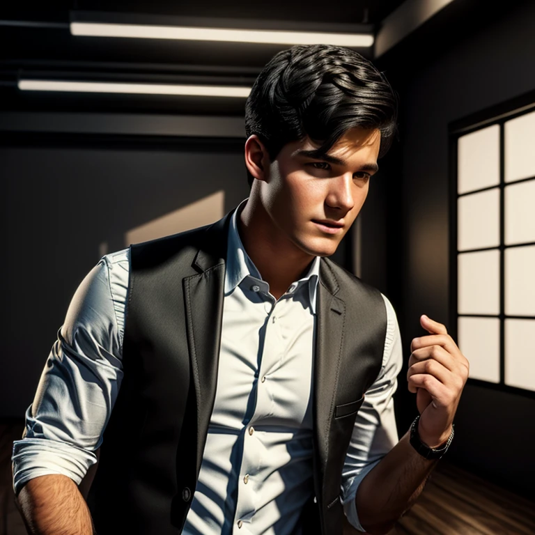 young man, twenty years old, short trimmed black hair, bangs combed back, 1990s blazer and vest clothing, photorealistic, realistic, photorealism, indoor, photo studio, natural light, zack morris with black hair