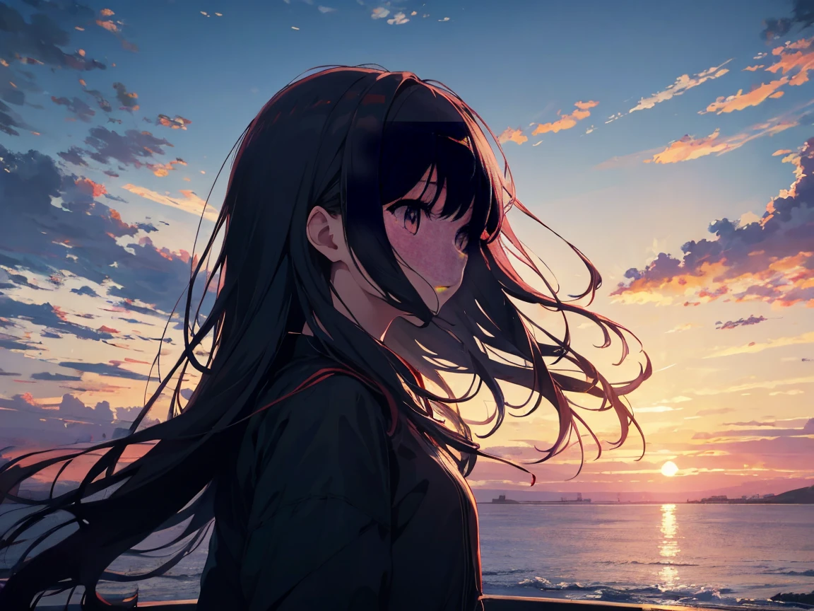 masterpiece, highest quality, High resolution, One girl, alone, bangs,
sunset, , Gazing into the distance,hill、cloud、Long Hair、woman、The wind is blowing、Wide sky