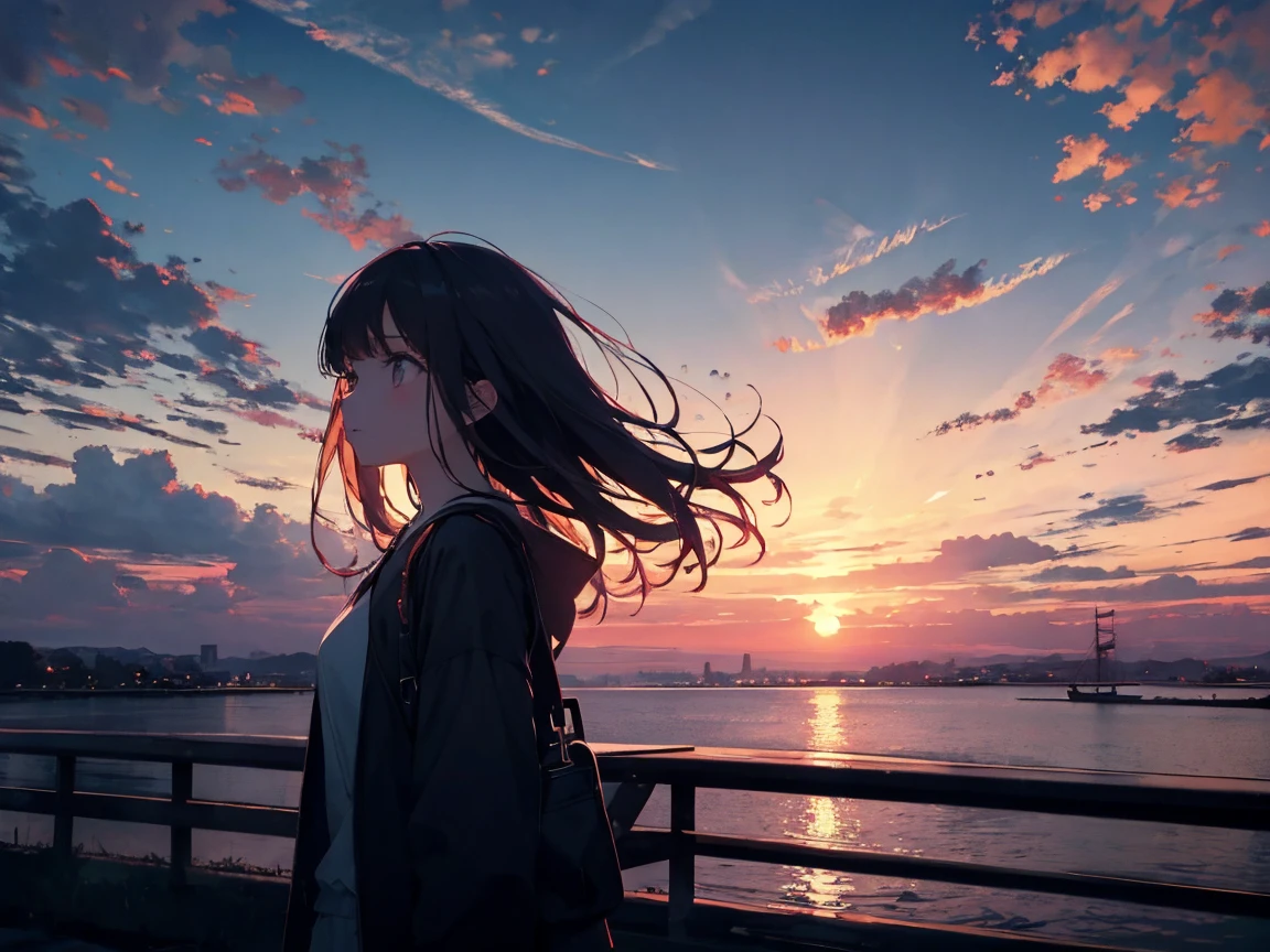 masterpiece, highest quality, High resolution, One girl, alone, bangs，
sunset, , Gazing into the distance，hill、cloud、Long Hair、woman、The wind is blowing、Wide sky