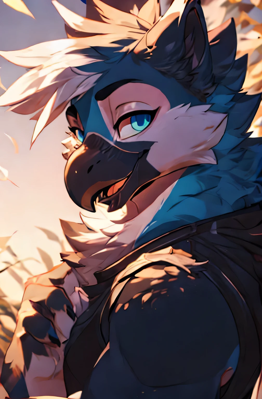 solo male, portrait, masculine, cute, furry, humanoid, blue macaw parrot, blue white and black fearthers, black beak, big_open_eyes, big_eyes, big bright blue eyes, rising eyebrow, blushed cheeks, looking_in_viewer，smile r，fluffy, hand touching side of the head, pastel_pink_tank_top, pastel pink tank top, tank top color is pastel pink, a black leather choker with gold buckle, bright and cheerful, sunset in the background