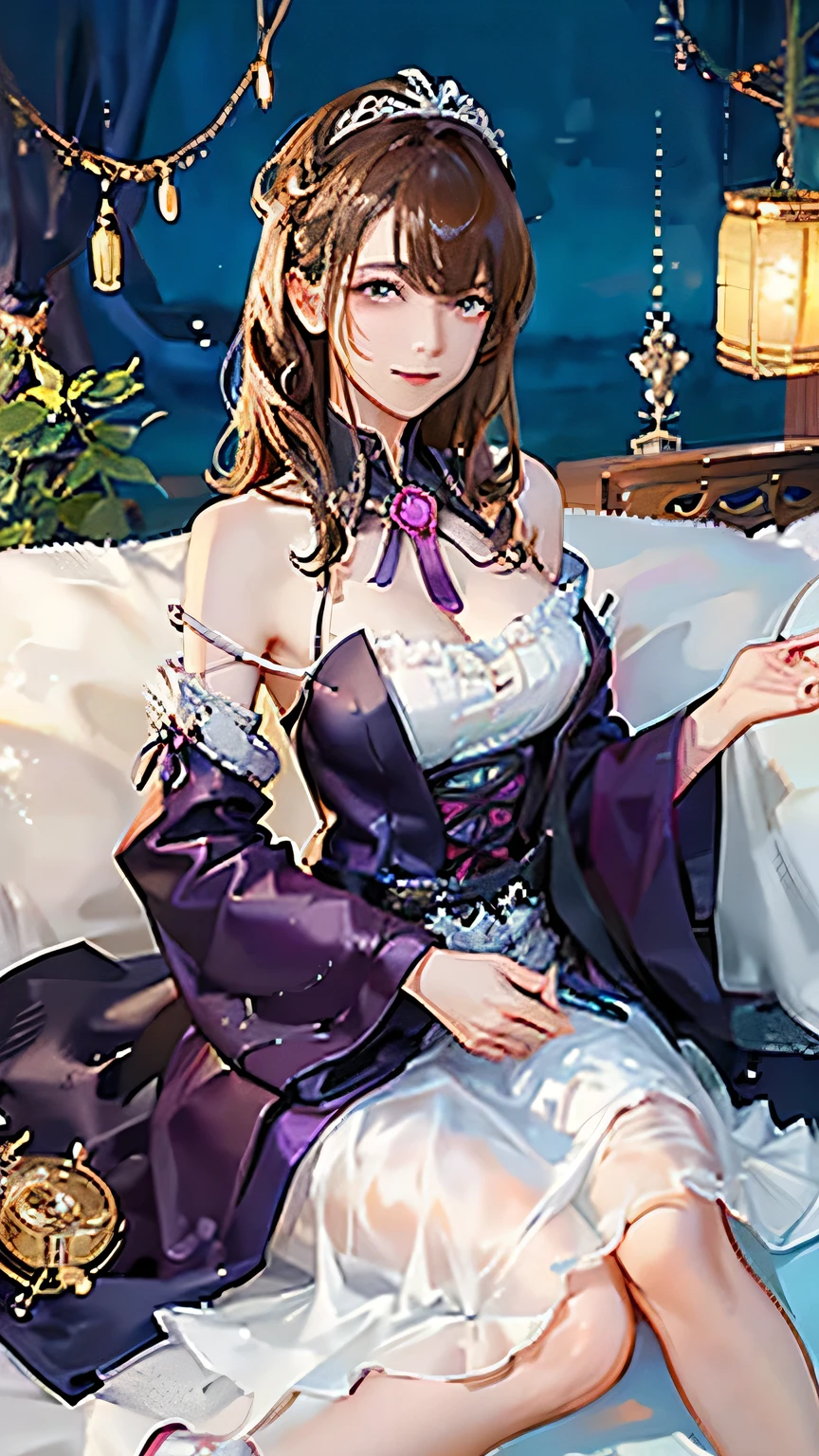 (highest quality, High resolution), Glowing Eyes, Delicate facial features, Vibrant colors, Dreamy atmosphere, Fantasy Theme, Floral Background, Graceful Movement, Detailed clothing, loose fitting dress, Elegant fashion, Magic lighting, Mysterious Aura, Heavenly Beauty, Magic thread, Whimsical elements,Big Breasts、Red attire、Colorful costumes、lingerie、Purple outfit