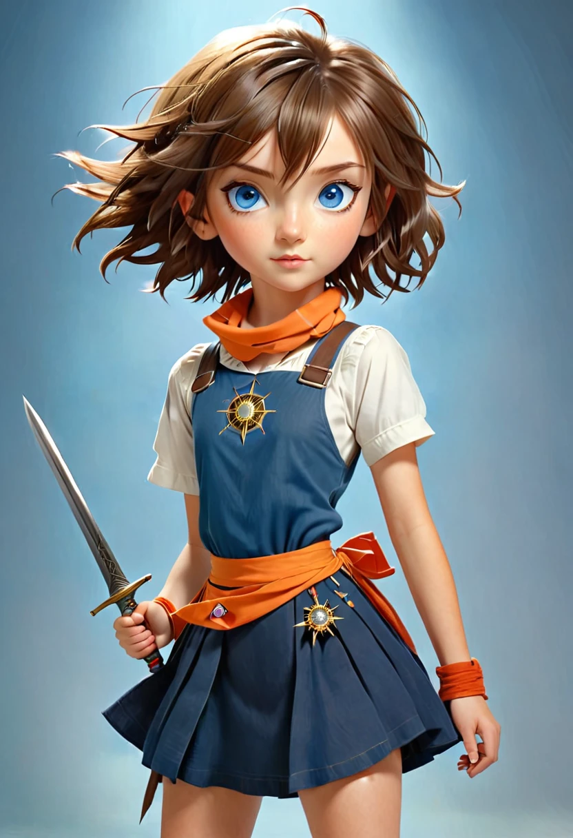 ((holding a silver compass)) is a girl with blue eyes. Wispy gold-brown bob with side-styled bangs.Wearing a navy blue Skirt-romper next to ((a boy holding a sword))with spikes brown hair. dark-blue eyes. Wearing a white scarf around his neck. Orange laid shirt. red suspenders attached to long puffy black jeans. 