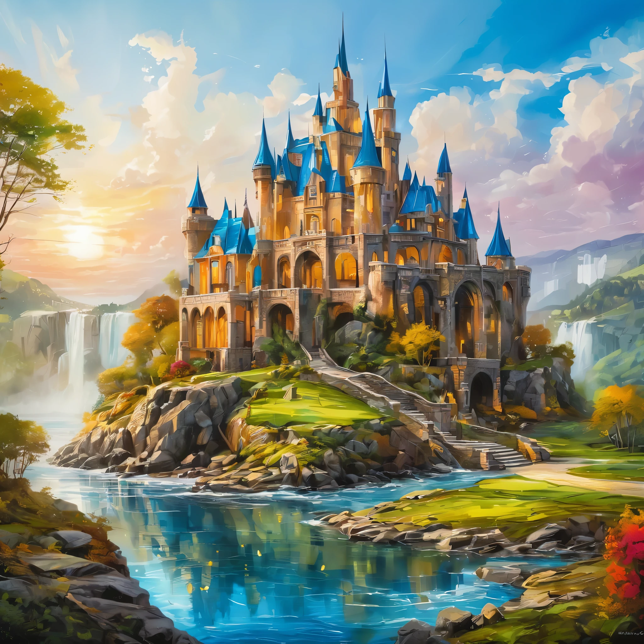 (Dream Castle),concept art, Draw a picture to show this beautiful tourist scenery, magic, masterpiece, Awarded for its beauty, Vibrant colors, Obvious pinch marks, 32k