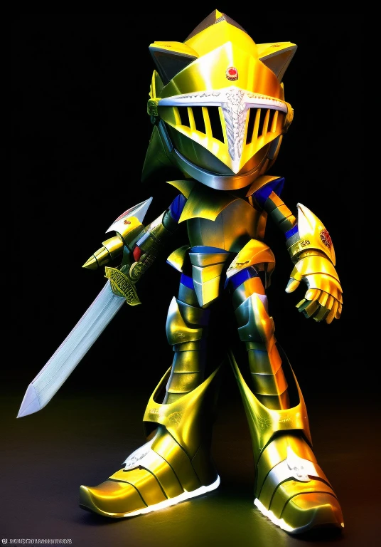  High quality, nonblurry, Ultra HD, HDR, 8K, solo, (fully clothed, masterpiece, photorealistic, good shading, studio quality), (Excalibur Sonic, golden armor, helmet, holding sword, red cape, upturned and pointy shoes), best_quality, perfect quality, cinematic lighting, highest quality, intricate details