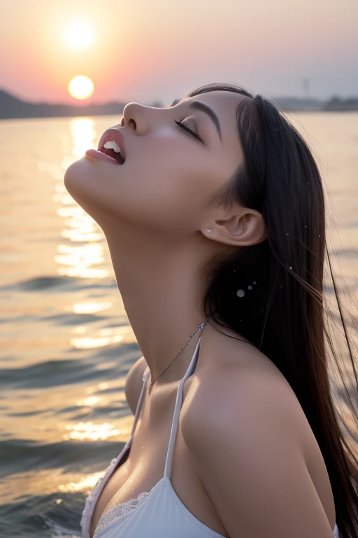8l、Super Resolution、Real、RAW Photos、highest quality、masterpiece:1.2、( Open your mouth wide:1.2 、White teeth are visible )、( Pulling the corners of your mouth )、( Droplets splashing from all over the hair:1.2 )、( Realistic、フォトRealistic:1.37 )、High contrast、Tabletop、 Arabian woman in bikini posing on the beach at sunset, close your eyes、 Head leaning back towards the body Looking straight up、It's hot with the shining sun, captivating and mesmerizing, Wet long hair, promotion, topless, Sexy Girls, Very seductive pose, Beautiful exotic, photo shoot, Incredible beauty, The sun behind her, Model shoot, amazing, Gorgeous figure, Young sensual elegant, Depth of written boundary、Blur:1.3、