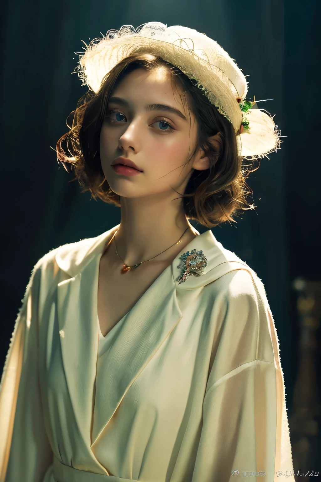 ( masterpiece, top quality, best quality,8k,17 year old girl,Super detailed,original photo:1.5),(Reality:1.4), (Movie Lighting), PerfectNwsjMajic, , Surrealism, Ultra HD, precise, Super Detail, textured skin, High Detail, best quality, Dynamic Angle, White skin,[Beautiful blue eyes], high nose,[flat chest:Large Breasts:0.5],(1 Girl),(Good anatomy:0.5)), Dreamy atmosphere, dark,Expressive brushstrokes, Mysterious atmosphere, Artistic Interpretation, Stunning Studio Ghibli style costumes, A whimsical illustration, Subtle colors and tones, Mysterious atmosphere, jewelry ,Glittering,Loose hair , White suit 