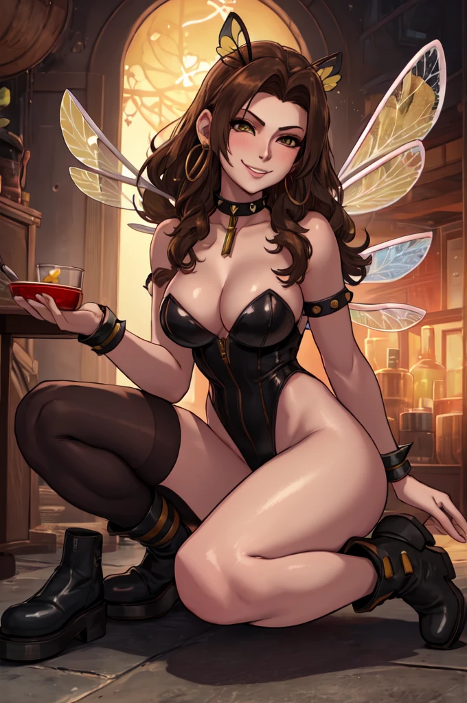 sfw, cartoon, aerith gainsborough reimagined as a horny girl in honeybee costume frome final fantasy 7, full body, (masterpiece, best quality), beautiful face, (22yr old, beautiful girl, solo:1.1),brown_hair ,long_hair, pixiv, evil smile, sadistic, erotic lips, seductive eyes, drooping eyes, provocative expression, smirks, squint, enraptured, fascinated, scornful laughter, aroused, lovely, naughty face, half closed eyes, fearless smile, crazy smile,toned female, glamorous perfect female proportion, wide hips, extremely shiny, reflecting light, awesome metallic surface texture, cute, akiba, anime face, moe, yellow and black striped hair, wasp ornament, Yellow and black striped boots, wasp transparent wings, bee Transparent wings, wasp antennae, wasp printed, Honeycomb printed, poison needle, yellow and black striped fur, spike choker, earrings, best quality, amazing quality, very aesthetic,