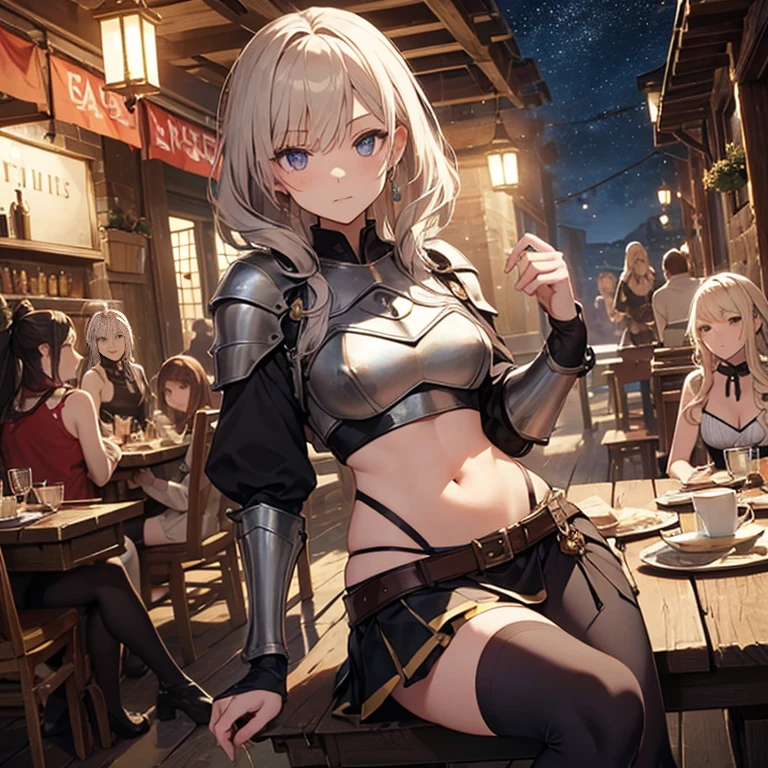 A group of female medieval fantasy adventurers, (in tavern), various hair styles, harem, night, details face, short skirt, seducing, sleeveless, armor