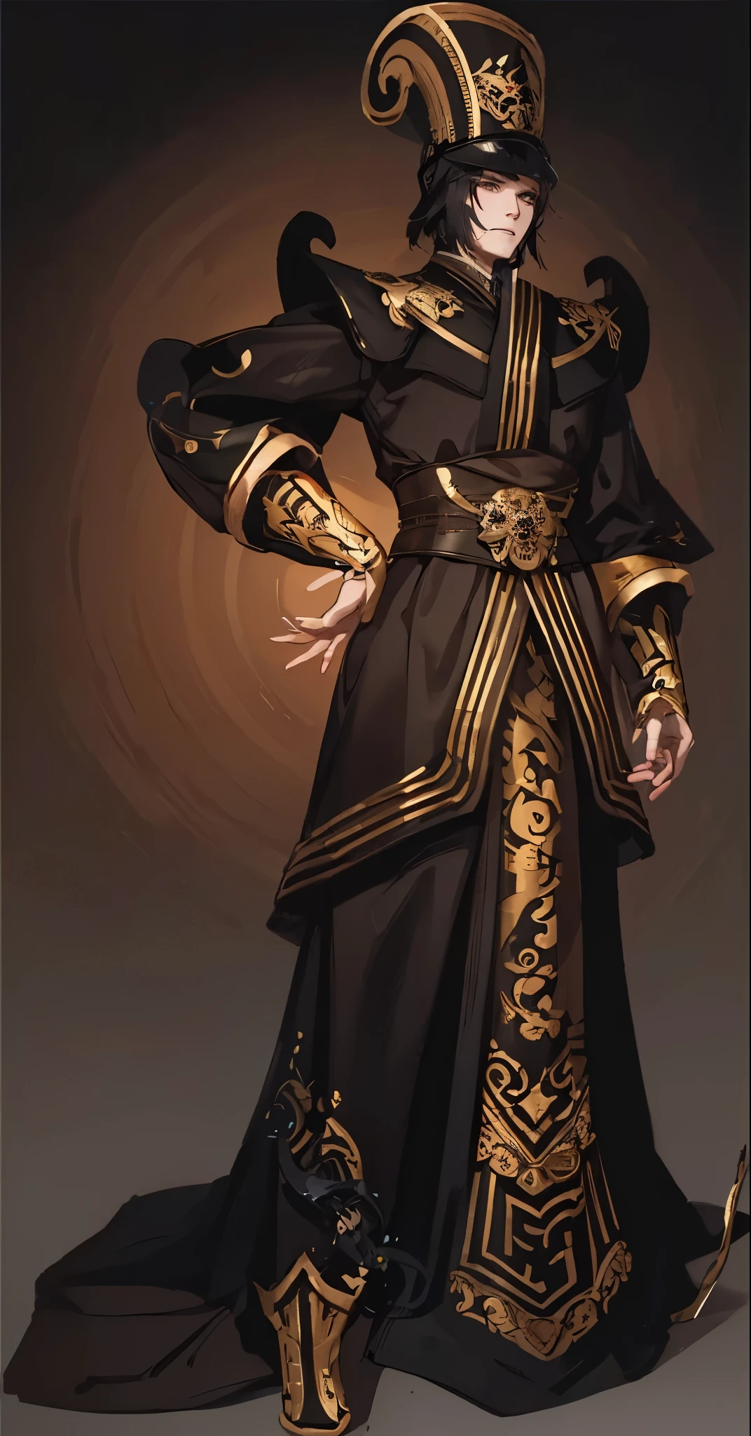 male,Mage,Black armor with gold trim,Black hat with gold rim,Red pattern black clothes,Black hair,Three Kingdoms,warrior,Gray background,White background