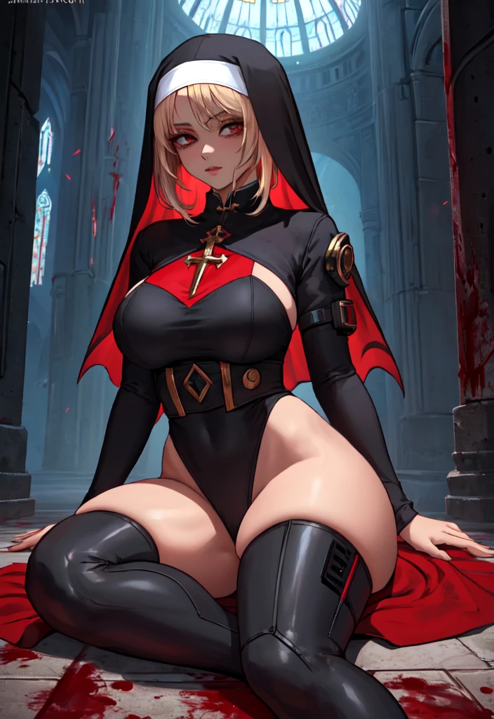 anime nun girl in a black outfit sitting on a red floor, nun outfit, nun, wearing shiny breastplate, cyberpunk, divine ray over her head, holy armor,  holy cyborg necromancer girl, vampire nun, behind her a gothic cathedral, thicc, blood rayne, vampir hunter d