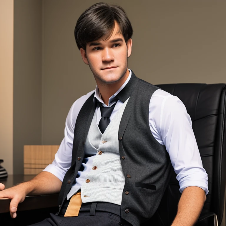 young man, twenty years old, short trimmed dark brown hair, bangs combed back, 1990s blazer and vest clothing, photorealistic, realistic, photorealism, indoor, photo studio, natural light, mark-paul gosselaar with black hair