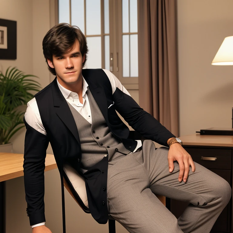 young man, twenty years old, short trimmed dark brown hair, bangs combed back, 1990s blazer and vest clothing, photorealistic, realistic, photorealism, indoor, photo studio, natural light, mark-paul gosselaar with black hair