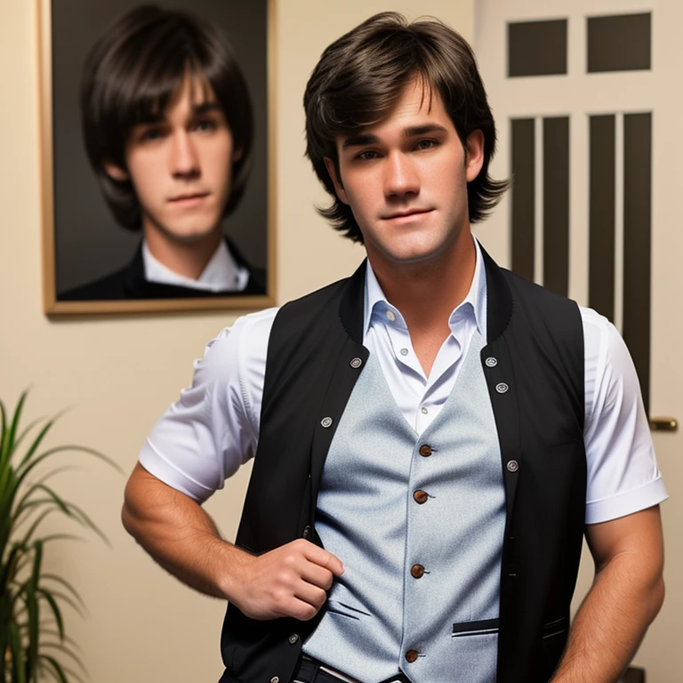 young man, twenty years old, short trimmed dark brown hair, bangs combed back, 1990s blazer and vest clothing, photorealistic, realistic, photorealism, indoor, photo studio, natural light, mark-paul gosselaar with black hair