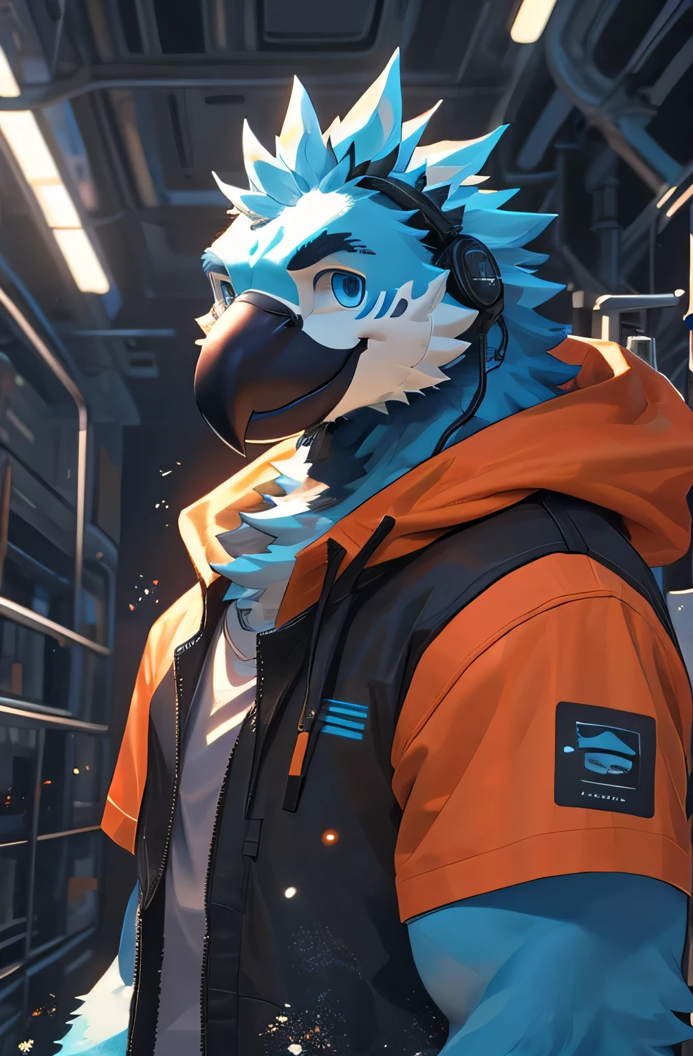 depth of fields,perfect lighting,light particles,(best quality),(tmasterpiece),(Ultra - Detailed),sharp focus,light particles,Niji,blue parrot,male,Eyes of God,blue_eyes,black beak, Looking_in_viewer,smile r,so little,fluffy,open sky_Swimwear,Cemtura crossed with one hand,upper body,short sleeve shirt,sunrays,soft smile,from below,with headphones (parrot, fluffy, anthropomorphic) , male , best quality, human-like body figure), looking at viewer in orange hoodie, avatar image, with futuristic outfit, CGSetnation ),like, professional artwork, CGsociety