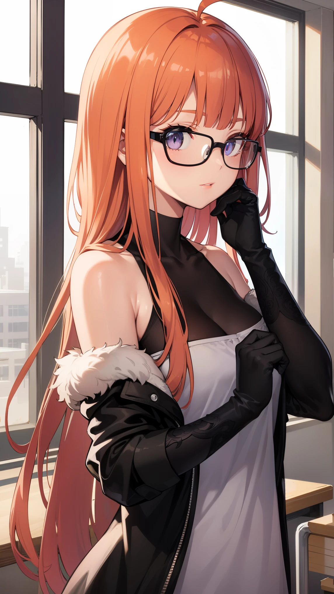 futabasakura, futaba sakura, orange hair, glasses, long hair, (purple eyes:1.1), ahoge,
BREAK (black gloves, elbow gloves, fur trim, dress, coat, High contrast:1.2),
BREAK folds hands behind head,
BREAK indoors, classroom,
BREAK (masterpiece:1.2), best quality, high resolution, unity 8k wallpaper, (illustration:0.8), (beautiful detailed eyes:1.6), extremely detailed face, perfect lighting, extremely detailed CG, (perfect hands, perfect anatomy),