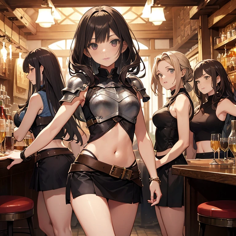 A group of female medieval fantasy adventurers, (in tavern), various hair styles, harem, night, details face, short skirt, seducing, sleeveless, armor, midriff