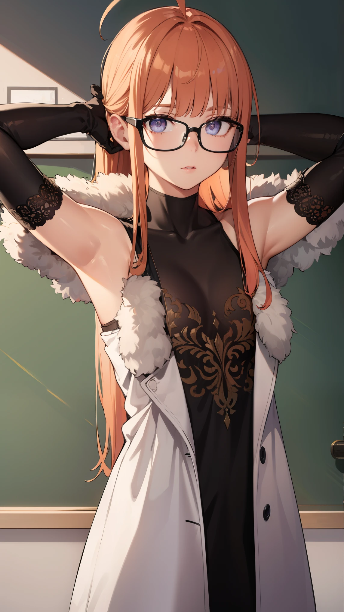 futabasakura, futaba sakura, orange hair, glasses, long hair, (purple eyes:1.1), ahoge,
BREAK (black gloves, elbow gloves, fur trim, dress, coat, High contrast:1.2),
BREAK folds hands behind head,
BREAK indoors, classroom,
BREAK (masterpiece:1.2), best quality, high resolution, unity 8k wallpaper, (illustration:0.8), (beautiful detailed eyes:1.6), extremely detailed face, perfect lighting, extremely detailed CG, (perfect hands, perfect anatomy),