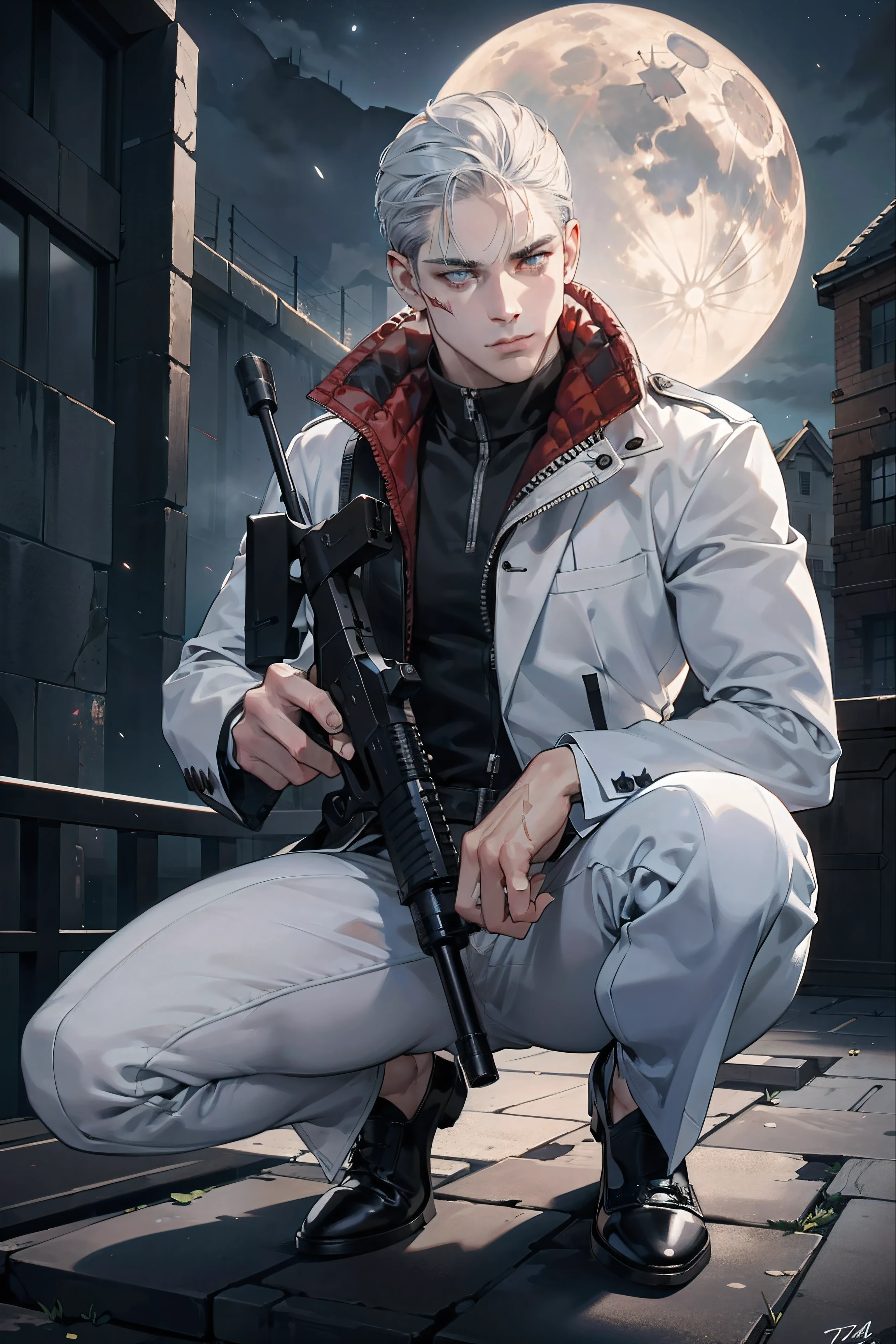 Create a vertically oriented Hitman 47 avatar image, with him squatting on the rooftop of a building in the dead of night. The intricate details of his face are illuminated by the moonlight, showing the crags in his weathered features and the intense focus in his piercing blue eyes. His grey hair is slicked back, revealing the wrinkles and scars that tell tales of his numerous missions.
Hitman 47 is dressed in his signature white and red suit, the fabric gleaming under the moonlight. In his hands, he cradles a high-tech W2000 sniper rifle, its sleek black exterior reflecting the night