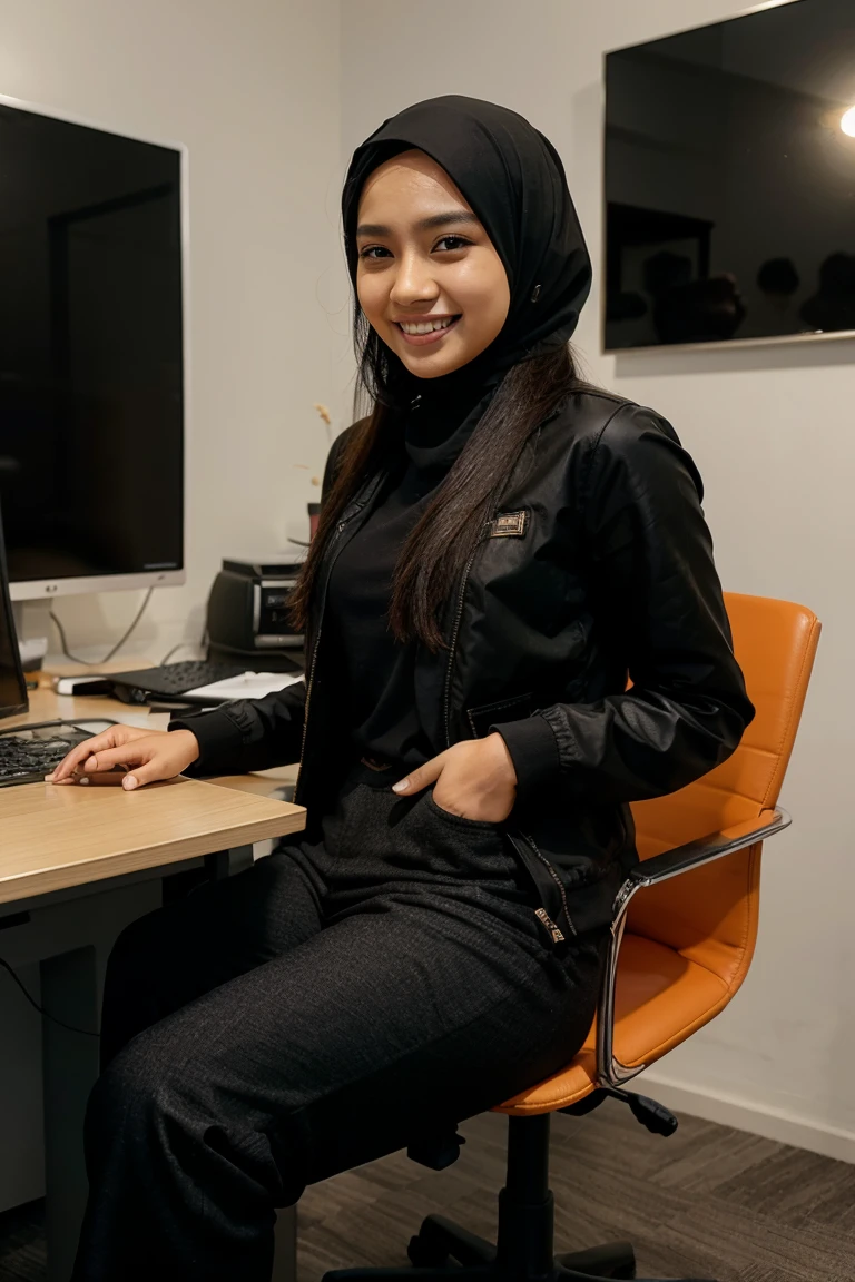 24 year old malay woman with hijab,wearing jacket,wearing black pants,smiling,office background