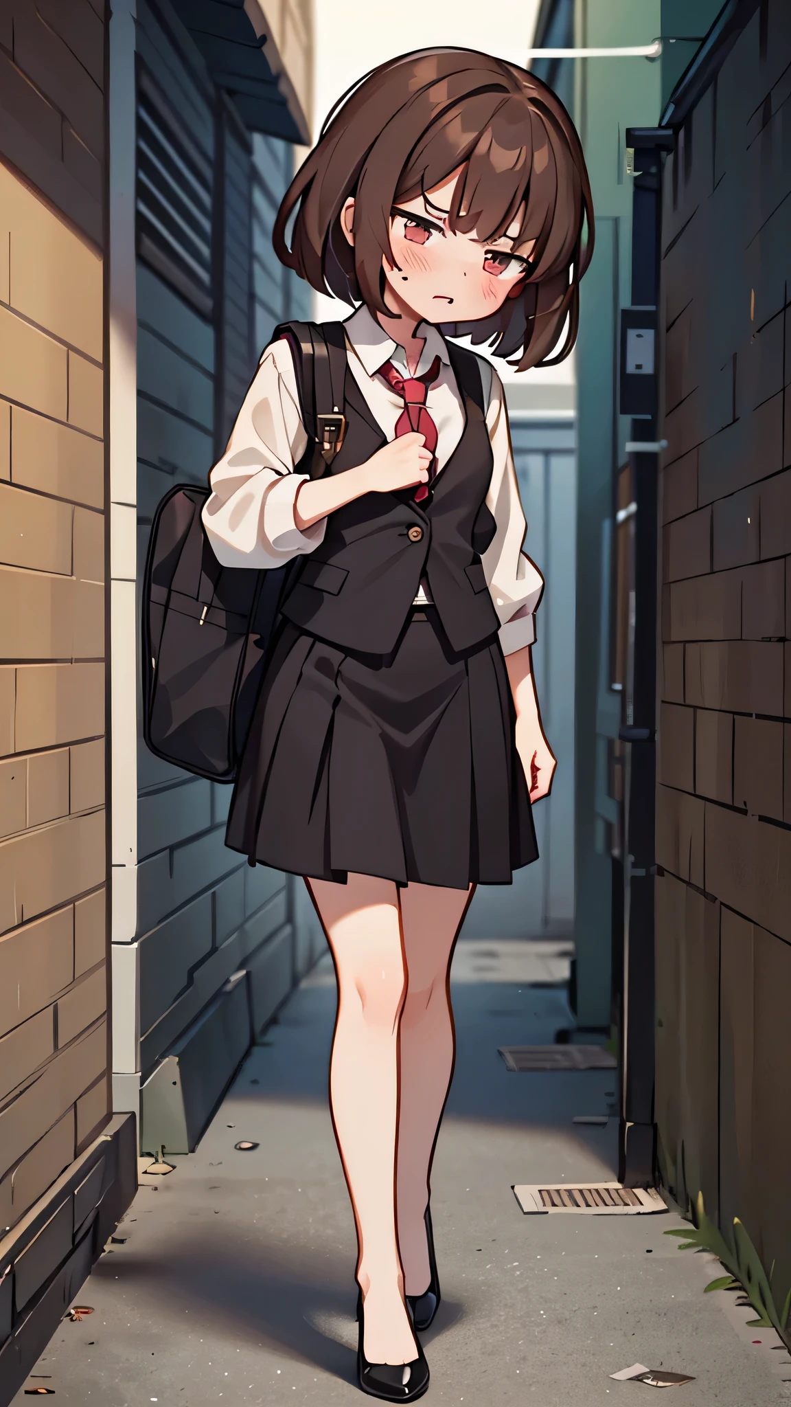 masterpiece、highest quality),Brown Hair,girl,Are standing,Lean your body forward a little,Back Alley,In a suit,OL,Woman with an angry face,Blushing,Slender women, A woman wearing plain black pumps,Bare feet and pumps,Straight Skirt,Recruitment suits,Open collar,Estrus