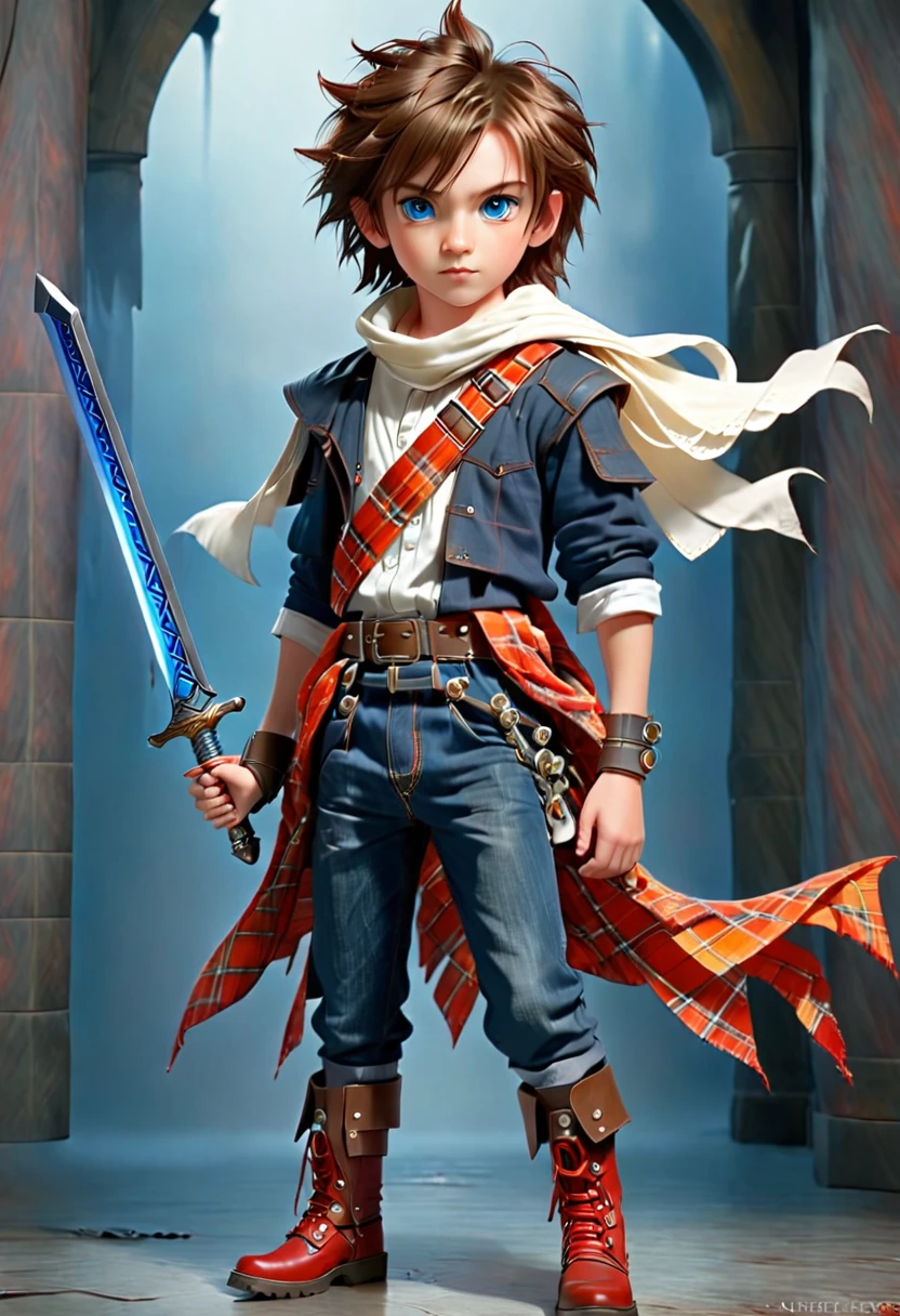 ((Holding a blue ancient sword with a brown handle)) Is A boy with spikes brown hair, dark-blue eyes with layers of red. Wearing a white scarf around his neck. Orange and plus plaid shirt with red suspenders attached to long puffy black jeans. And red boots with white tips