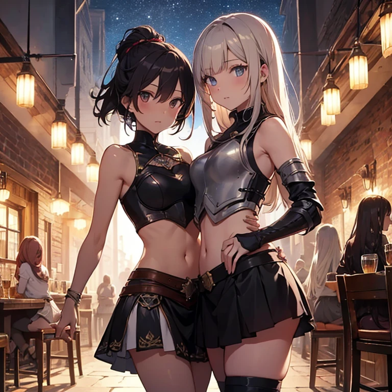 A group of female medieval fantasy adventurers, (in tavern), various hair styles, harem, night, details face, short skirt, seducing, sleeveless, armor, midriff