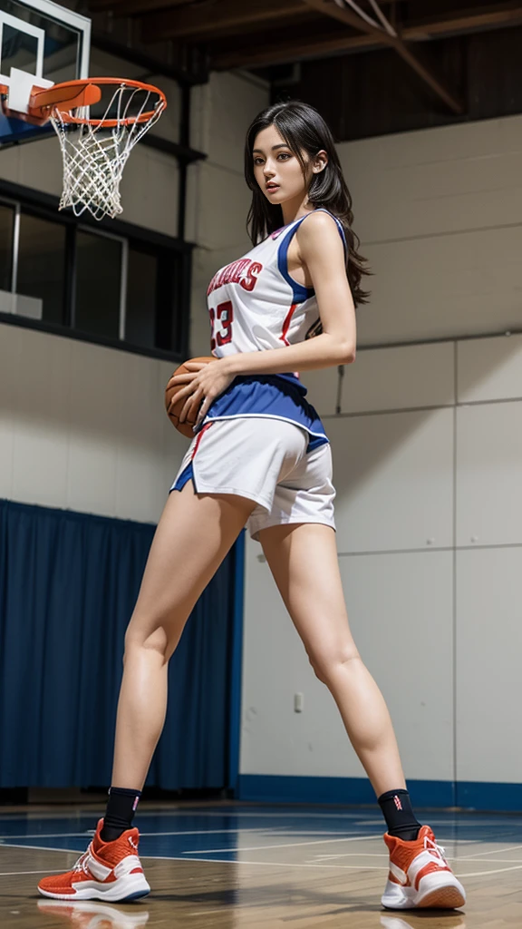 1 girl standing, wearing basket ball jersey, no underwears, hyper detailed, ultra-realistic, holding a basketball, 23 years old, long hair, sexy looks, big breasts, big butt, wearing very short sport shorts, long socks, basketball shoes, posing at basketball court, perfect sexy body