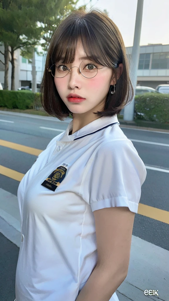 ((Best quality, 8k, 4k, highway, sfw, Masterpiece :1.3)), 1girl, Pretty young mom with slender abs :1.3, (Medium-short hair, huge breasts, fat curvy body :1.2), sweaty :1.1, Ultra-detailed face, Detailed eyes, Double eyelid, palm skin, hyper pregnant, police uniform, (detailed police uniform, detailed skin, detailed face, high resolution, masterpiece, perfect lighting), bloom, cinematic lighting, perfect skin, female, looking at viewer, cowboy shot, (RSEEmma:1.5), (CWT, round eyeglass, thick eyebrows, parted bangs, freckles), angry face