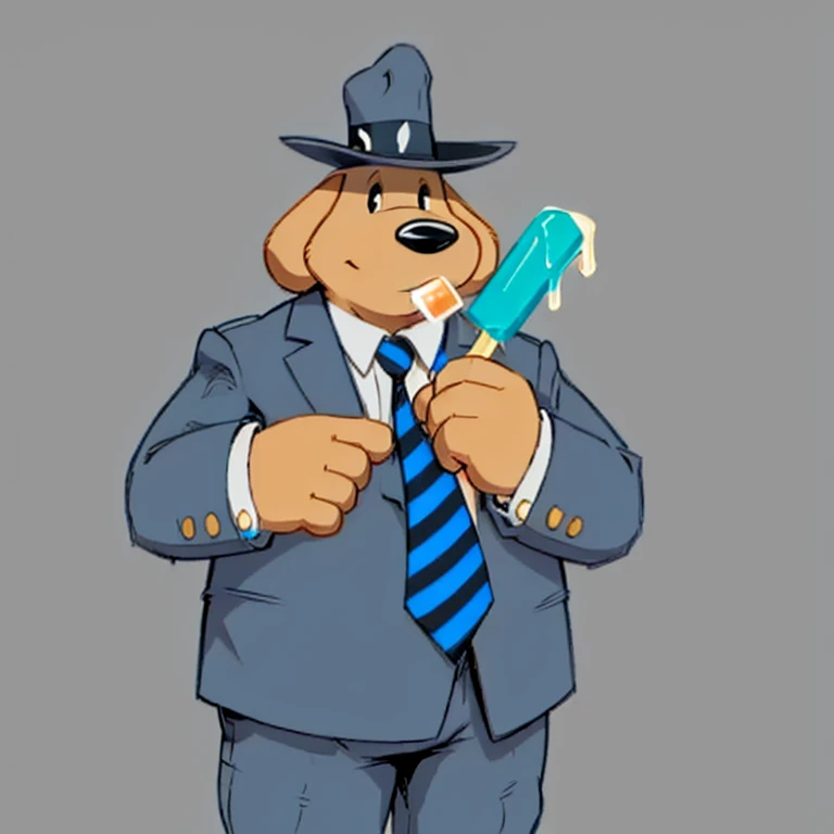 Solo male, sam, dog, tall, stocky body, slightly chubby, mature, floppy ears, black eyes, brown fur, blue grey suit and pants, blue grey hat, blue and black striped necktie, holding a popsicle