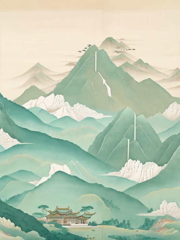There is a painting of a mountain,There is a house in the middle, Detailed scenery —width 672, Chinese painting style, Inspired by Yoshida Hanbei, floating lands in-clouds, Chinese watercolor style, inspired by Shūbun Tenshō, Floating mountains, oriental wallpaper, mountainous background, Inspired by Kan'o Motonobu