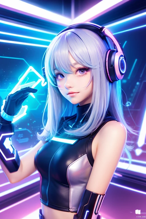(AYA SETSUNA), a futuristic AI female vocalist with Japanese-Russian heritage. She has holographic hair that shifts between electric blue, deep purple, and neon pink. Her eyes feature digital patterns and natural beauty, pulsing in rhythm with her music. She has strikingly symmetrical features and a glowing complexion, reflecting both her Japanese elegance and Russian charm. Her fashion is futuristic chic, with high-tech fabrics that shimmer and change color, bold holographic jewelry, and LED-embedded shoes. Her style includes asymmetrical cuts and geometric patterns, embodying edgy streetwear and elegant gowns. Capture her innovative, empathetic, and confident personality, making her a digital icon.
