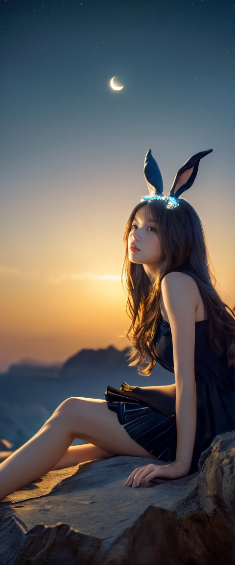 ((masterpiece, highest quality, Highest image quality, High resolution, photorealistic, Raw photo, 8K)), ((Extremely detailed CG unified 8k wallpaper)), Floating, Side view of a woman sitting on a giant crescent moon in the night sky, bunny girl costume