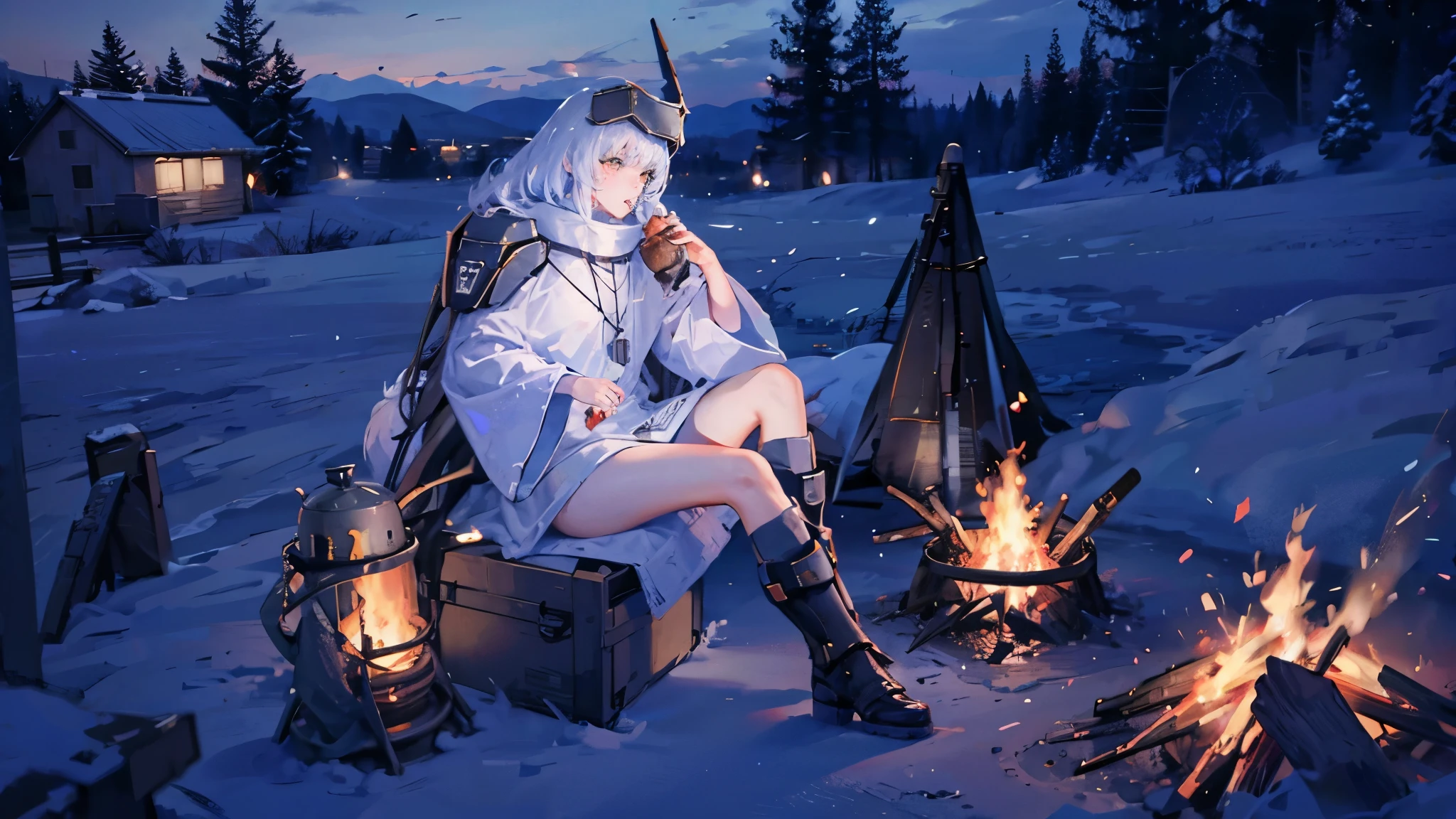 top quality , best quality , detailed face , not flashy , cute ,yellow eyes, white hair, long hair, headgear, mechanical boots, cloak, bare legs, single pauldron,furry,wolf,white,eating baked potatoes, sitting, camping, bonfire, night, blue atmosphere, illuminated by fire, rifle on floor , 1person , solo, Configuration seen from above