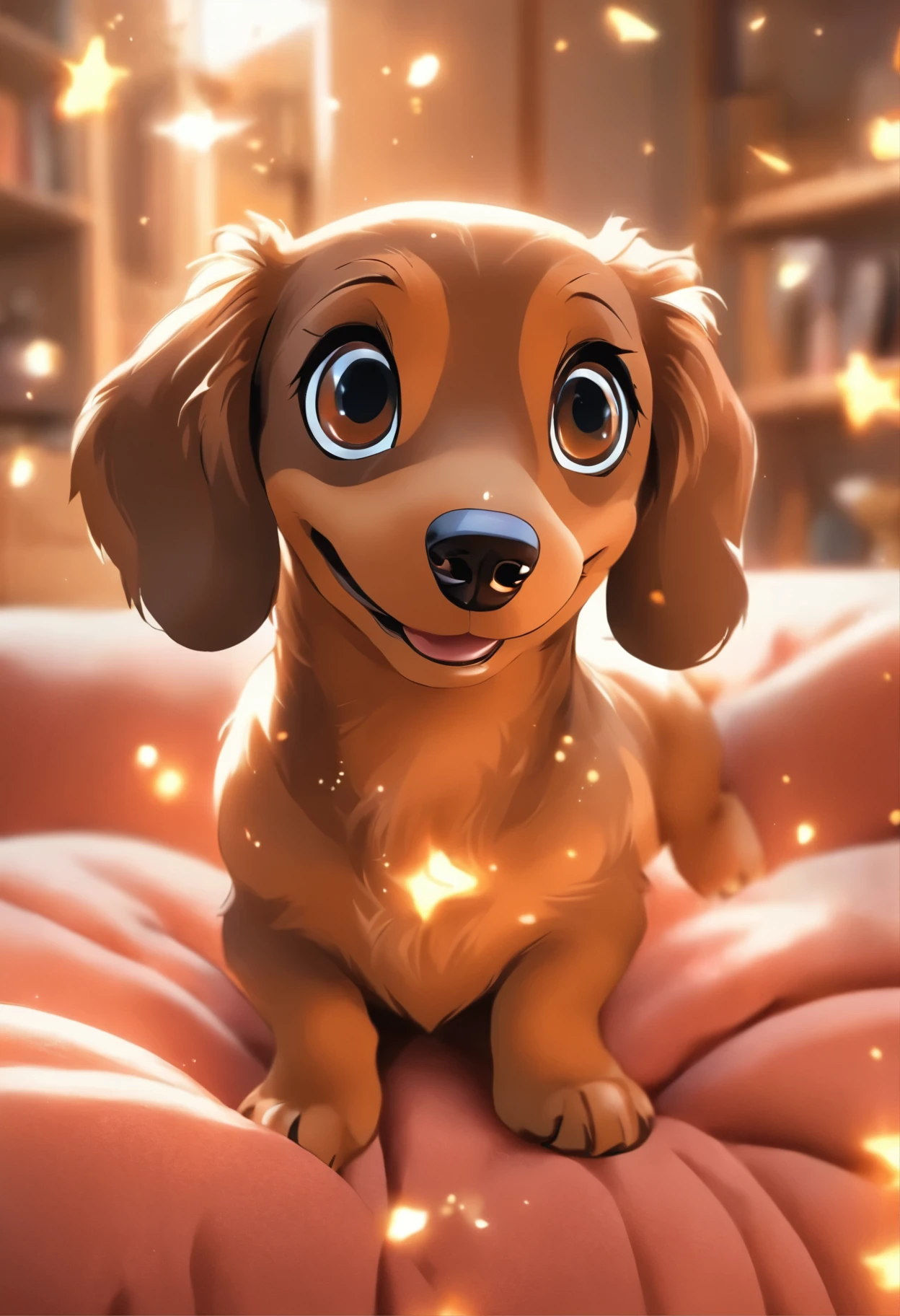 （The whole body is brown, but the hair on the chest is white and impressive.：1.8），Brown miniature dachshund, （Black eyes and nose the nose is fresh and shiny), ((Sitting on the sofa, whole body looking at the camera)), Looks like a lot of fun Sparkling eyes, Open your mouth excitedly, biologically correct,
