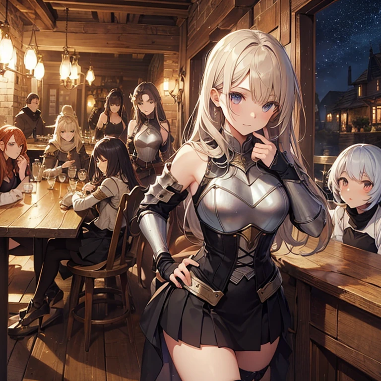 A group of  female medieval fantasy adventurers, (in tavern), various hair styles, harem, night, details face, short skirt, seducing, sleeveless, armor 