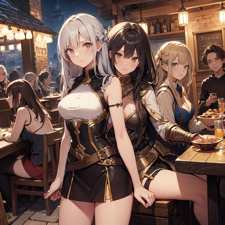 A group of female medieval fantasy adventurers, (in tavern), various hair styles, harem, night, details face, short skirt, seducing, sleeveless, armor