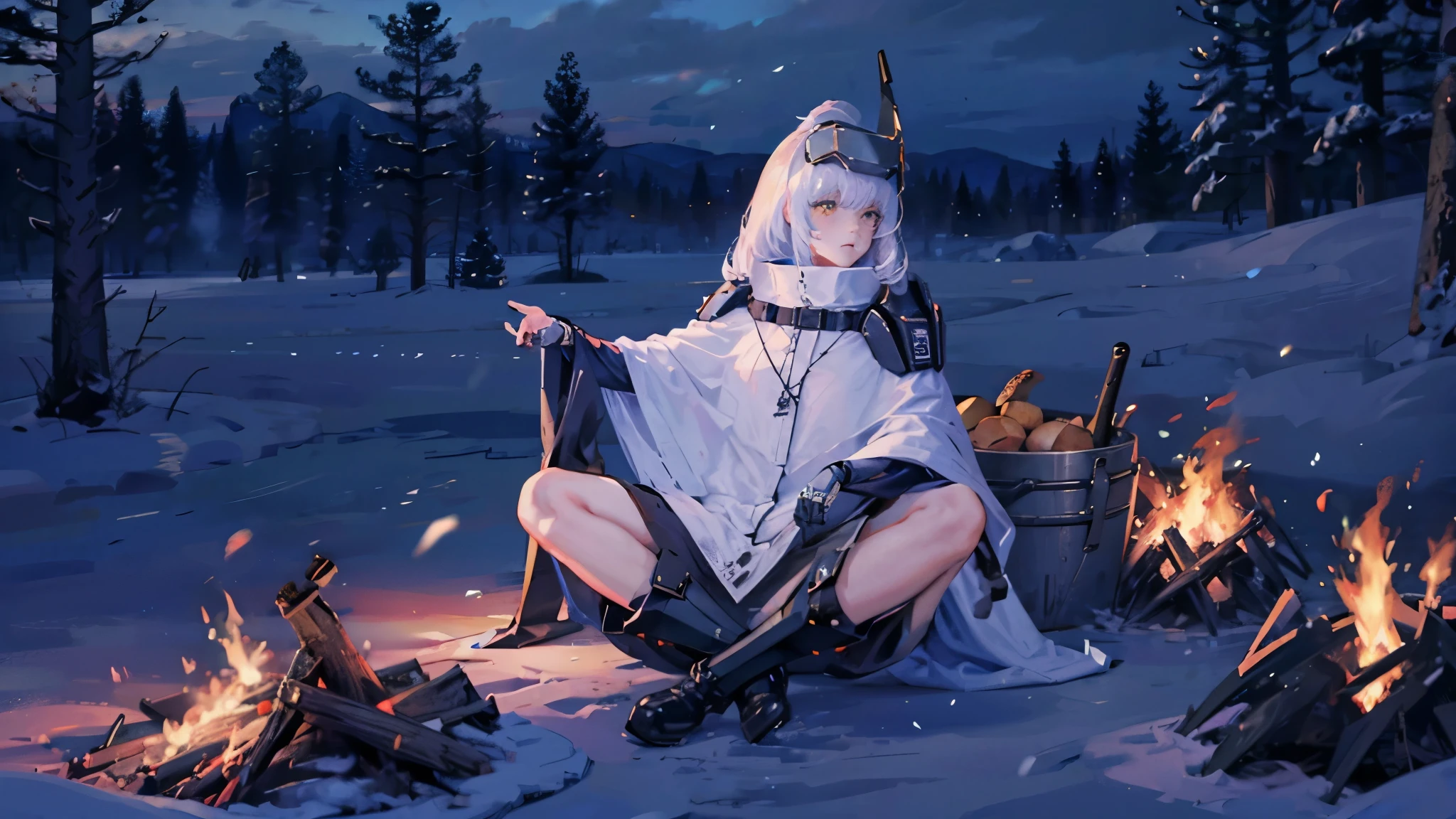 top quality , best quality , detailed face , not flashy , cute ,yellow eyes, white hair, long hair, headgear, mechanical boots, cloak, bare legs, single pauldron,furry,wolf,white,eating baked potatoes, sitting, camping, bonfire, night, blue atmosphere, illuminated by fire, rifle on floor , 1person , solo, Configuration seen from above