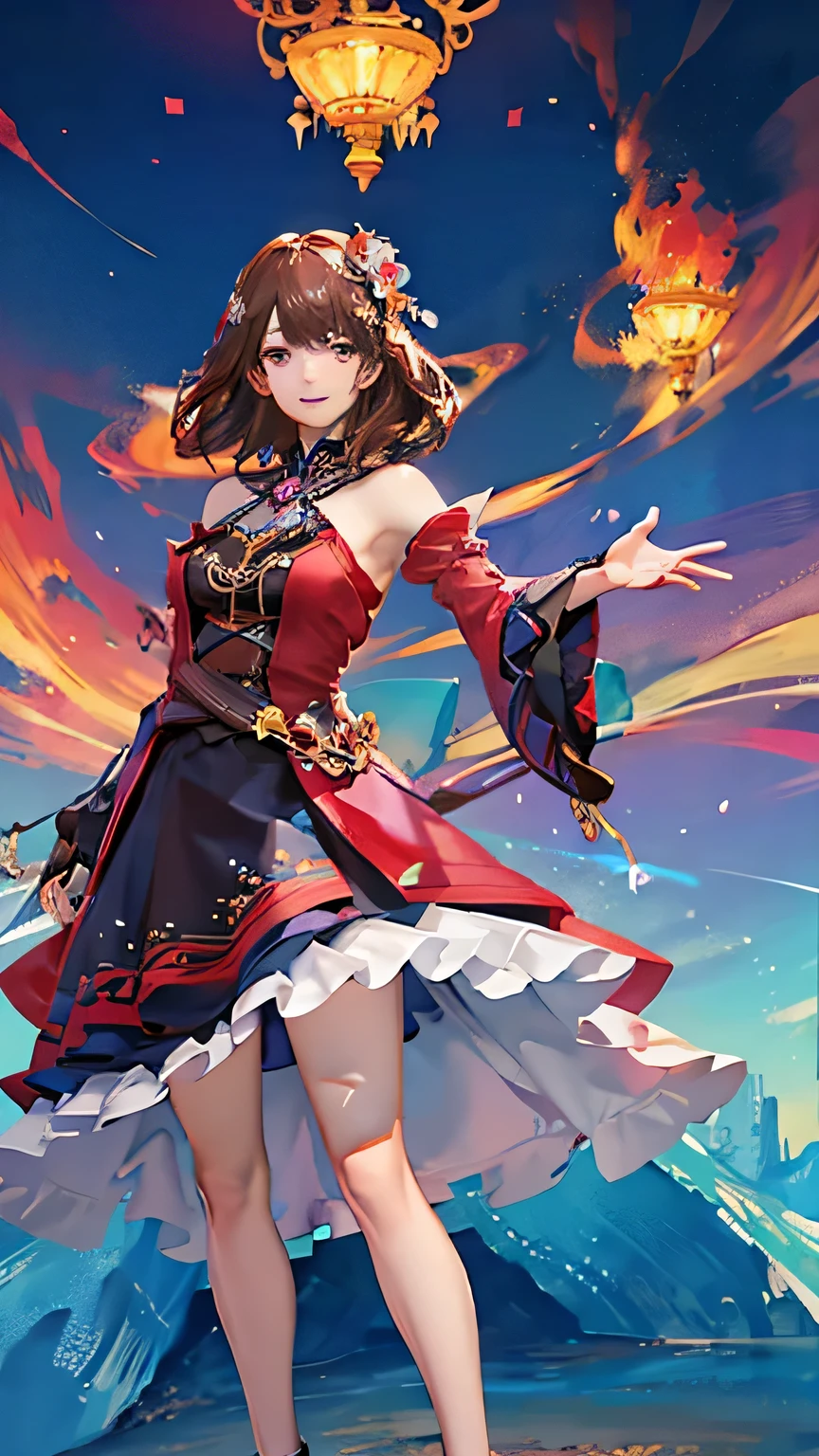 (highest quality, High resolution), Glowing Eyes, Delicate facial features, Vibrant colors, Dreamy atmosphere, Fantasy Theme, Floral Background, Graceful Movement, Detailed clothing, loose fitting dress, Elegant fashion, Magic lighting, Mysterious Aura, Heavenly Beauty, Magic thread, Whimsical elements,Big Breasts、Red attire、Colorful costumes、lingerie、Purple outfit