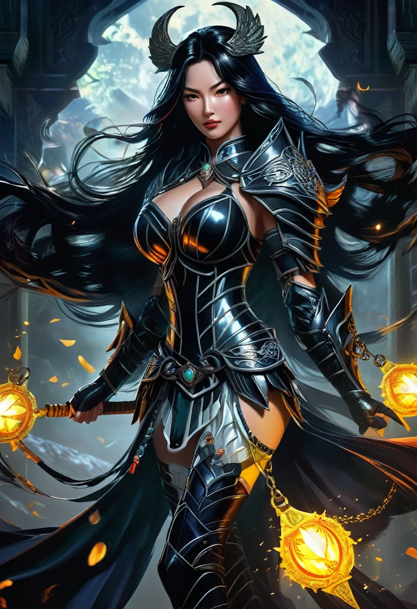 A stunningly beautiful woman, her flawless porcelain skin seemingly glowing in the dim light. Her long, raven-black hair cascades down her back, flowing gracefully over her intricately designed armor. She stands with her legs shoulder-width apart, facing the camera, her body radiating confidence and strength. Her demon slayer's garb is adorned with various talismans and protective charms, hinting at her formidable skills and experience in the supernatural realm., front view, serious face, sharp gaze