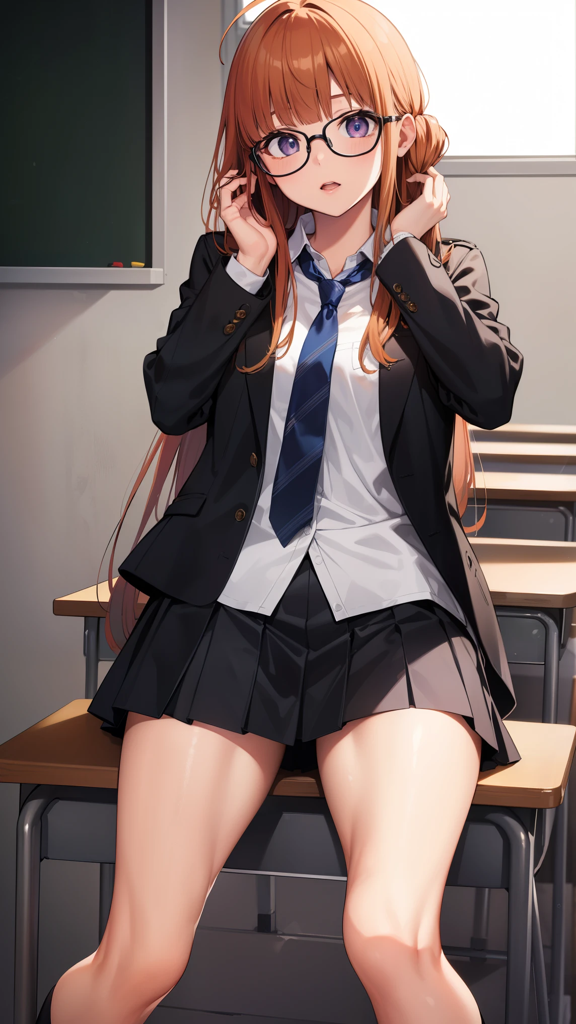 futabasakura, futaba sakura, orange hair, glasses, long hair, (purple eyes:1.1), ahoge,
BREAK (school uniform, shirt, skirt, jacket, necktie:1.2),
BREAK folds hands behind head,open legs,
BREAK indoors, classroom,
BREAK (masterpiece:1.2), best quality, high resolution, unity 8k wallpaper, (illustration:0.8), (beautiful detailed eyes:1.6), extremely detailed face, perfect lighting, extremely detailed CG, (perfect hands, perfect anatomy),