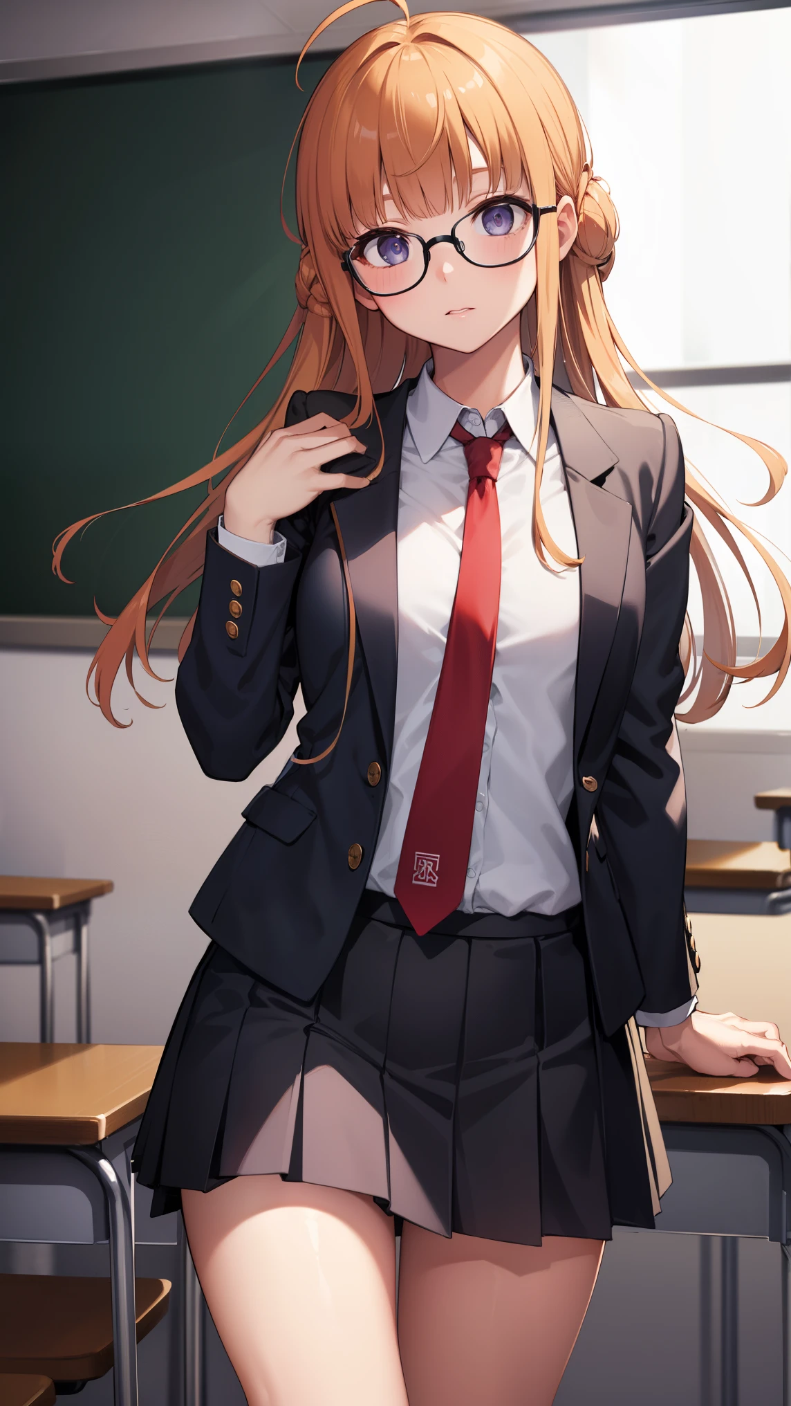 futabasakura, futaba sakura, orange hair, glasses, long hair, (purple eyes:1.1), ahoge,
BREAK (school uniform, shirt, skirt, jacket, necktie:1.2),
BREAK folds hands behind head,open legs,
BREAK indoors, classroom,
BREAK (masterpiece:1.2), best quality, high resolution, unity 8k wallpaper, (illustration:0.8), (beautiful detailed eyes:1.6), extremely detailed face, perfect lighting, extremely detailed CG, (perfect hands, perfect anatomy),