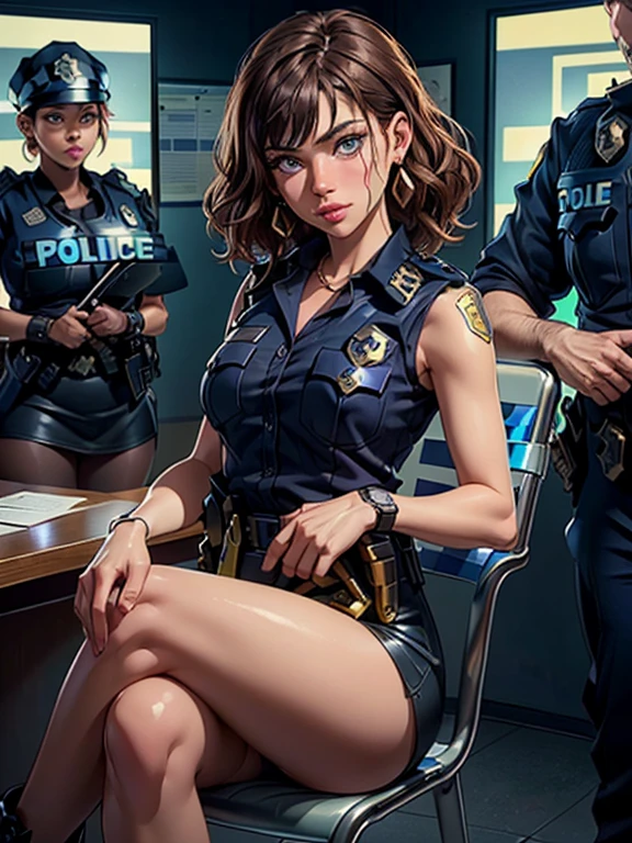 (masterpiece: 1.3), (Maximum resolution: 1.2), (Ultra HDTV: 1.2), Cinema Lighting, Ultra HDTV, (Detailed eyes and skin), (Detailed facial features), High resolution, 8k resolution, Sharp focus: 1.2, Perfect Style, Beautiful Face, Accurate, Anatomically correct, Highly detailed face and skin texture, fine grain, Dark blue eyes, double eyelid, Thin eyebrows, Glitter Eyeliner: 1.2, Natural Cheeks, Glowing Skin, Fair skin: 1.2, Shiny little necklace and earrings, (Glossy Lips: 1.4), break, First Person View,((Crying face 1.2))(She is a policewoman), (((Black watches on both wrists))),(((Wear a sleeveless button-up shirt, Ultra mini skirt, Shiny Police Belt,To the Navy, short boots))), (((Exposing your thighs))),(Captivating smile: 1.2), (look at me), ((Pure and cute girl:1.2)), (Layered Hairstyles, Wavy Hair, Light brown hair, Diagonal bangs), Medium Long Hair, (Full Body Shot: 1.2), Focus on the face, ((Very close relationship: 1.2)), (Medium large breasts), (((Inside the police station: 1.6))), ((sit cross-legged on a chair:1.4)), from before,