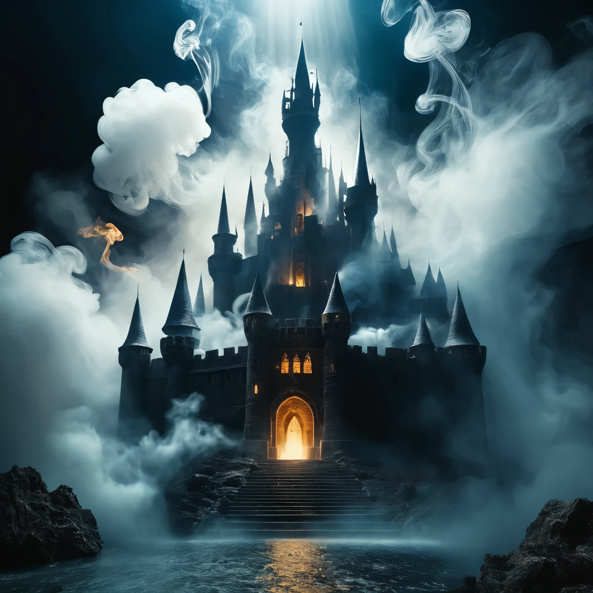 (Fantastic castle），White smoke on black background, Great writing，Made of bright blue powder combined with dark and light，and continue, This is difficult（hard, detailed, Wheel within wheel,perfect, masterpiece, Abstract, real, detailed, Movie Stills, Movie劇照, Movie