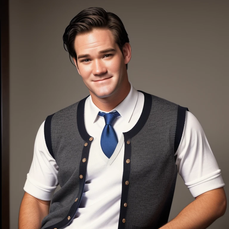 young man, twenty years old, short trimmed dark brown hair styled like a politician, 1990s preppy clothing, sweater vest and necktie, photorealistic, realistic, photorealism, indoor, photo studio, natural light, mark-paul gosselaar with black hair