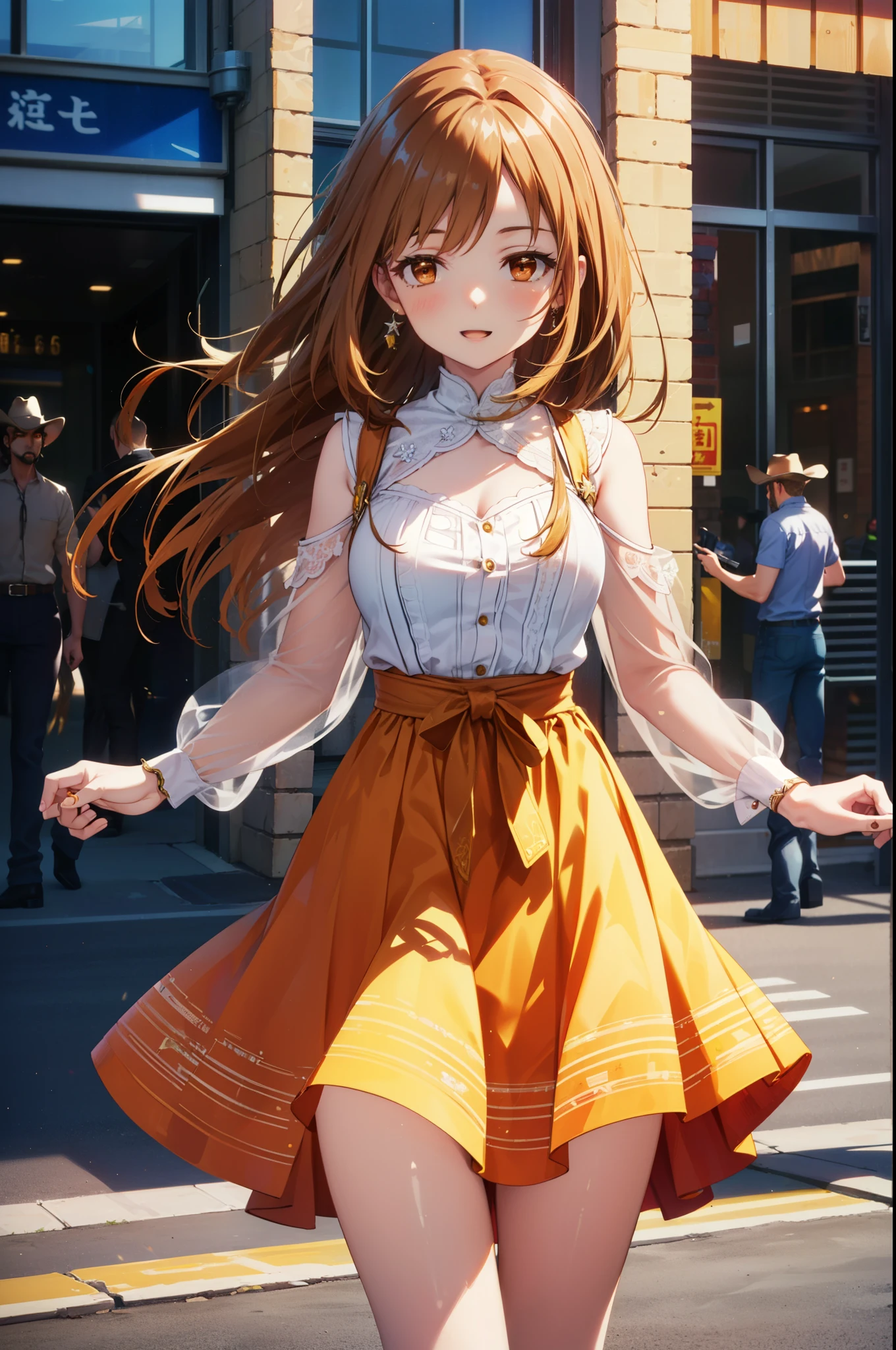 a sun ayuuki, a sun a yuuki, Long Hair, Brown Hair, (Brown eyes:1.8),happy smile, smile, Open your mouth,Red sleeveless dress,Red long skirt,Cute heeled sandals,True Summer,Daytime,Clear skies,
break outdoors, In town,Building district,
break looking at viewer, (Cowboy Shot:1.5),
break (masterpiece:1.2), highest quality, High resolution, unity 8k wallpaper, (figure:0.8), (Beautiful fine details:1.6), Highly detailed face, Perfect lighting, Highly detailed CG, (Perfect hands, Perfect Anatomy),