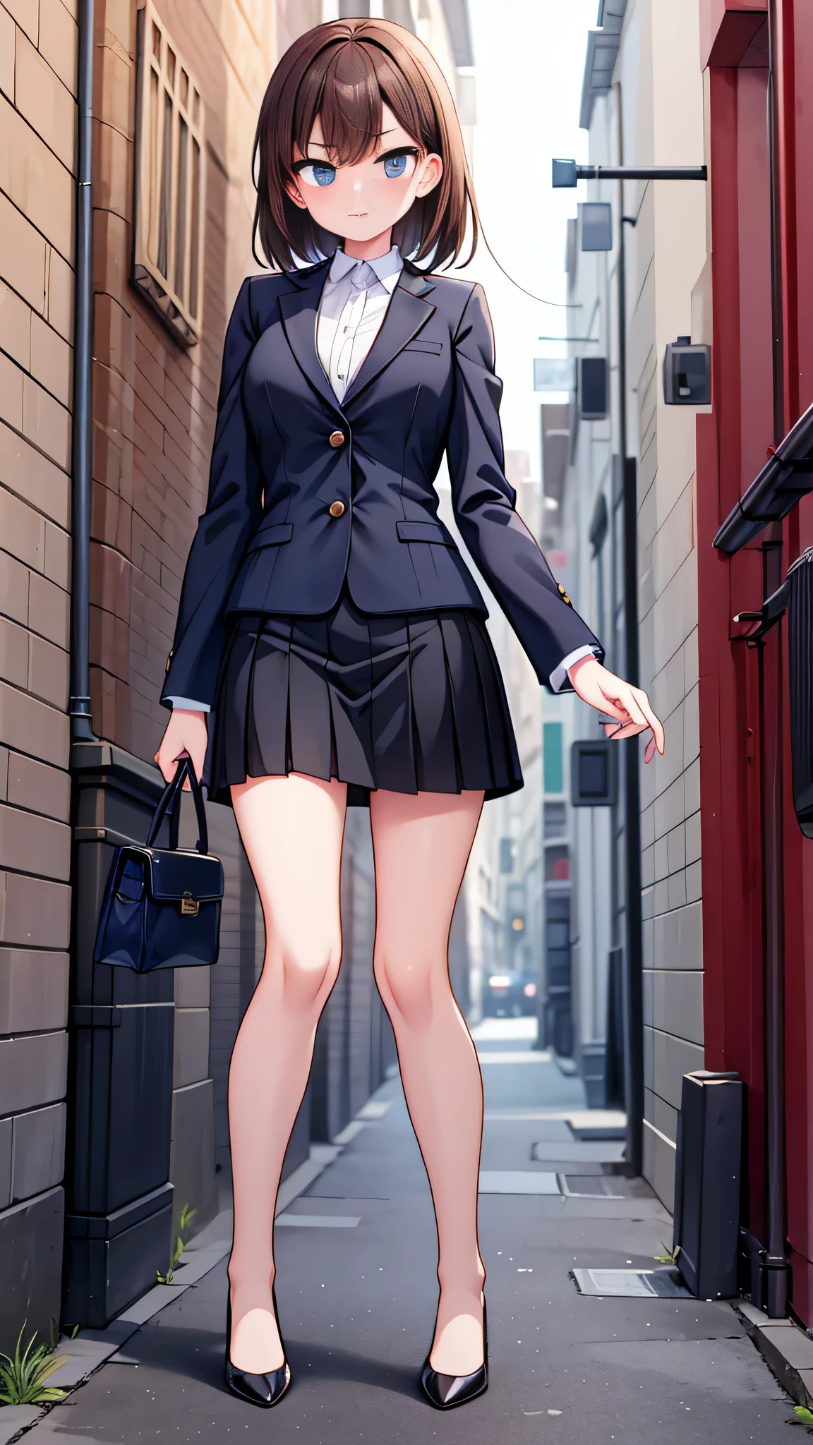 masterpiece、highest quality),Brown Hair,girl,Are standing,Lean your body forward a little,Back Alley,In a suit,OL,Woman with an angry face,Blushing,Slender women, A woman wearing plain black pumps,Bare feet and pumps,Straight Skirt,Recruitment suits,Open collar,Estrus